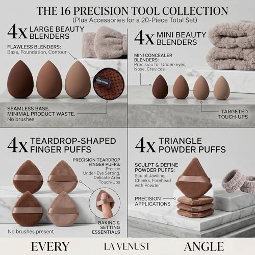 Image of 20pc Essential Makeup Sponge Kit Set - Soft-Touch Makeup Sponges for Cream & Liquid - Aesthetic Bow Spa Set & Wristbands - Under-Eye Precision Puffs & Blender Cleaner - Complete Beauty Organizer Kit for Girls & Women (Coffee Edition)