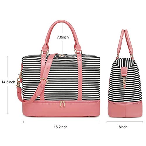 BLUBOON Weekender Overnight Bag Women Ladies Carry-on Tote Canvas Travel Duffle Bag with Shoe Compartment in Trolley Sleeve (289 Pink -black stripe)