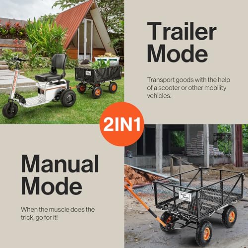 Image of SuperHandy Heavy-Duty Garden Dump Cart - Towable, Quick Release System, 10-Inch Pneumatic Tires, Compatible with Tugger Scooter