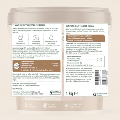 AniForte Bronchialkräuter Pferd 1kg - Natürliche Kräuter mit Methylcystein, bei Husten & Schnupfen, Atemwegskräuter Pferd als Ergänzungsfutter, Pferde Hustenkräuter für freie Atemwege