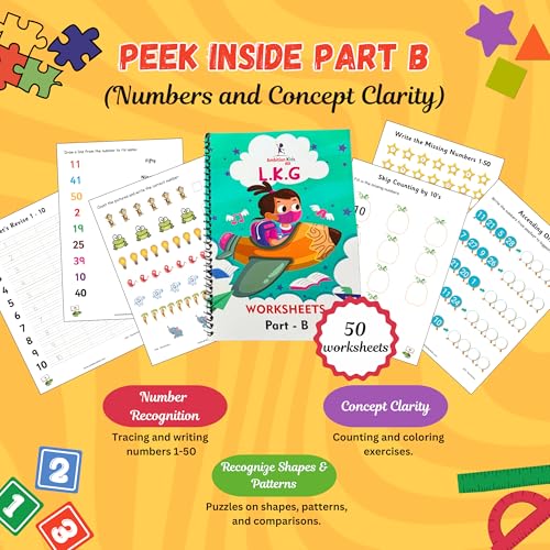 Image of AmbitionKids - Preschool LKG Worksheets - Part A & B - 150+ Pages for Alphabet, Math, Phonics, Shapes, and Early Learning Success
