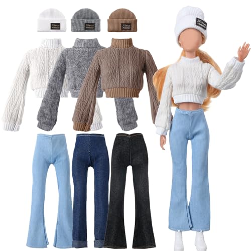 Fourluoo 6 Pcs Christmas Doll Clothes 11.8 Inch Fashion Doll Accessories Set Sweaters Denim Pant Clothing Sweet Outfits for Xmas Fall Party Birthday Gift