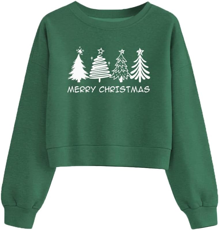 Christmas Sweatshirt for Women Xmas Tree Graphic Long Sleeve Cropped Shirt Merry Christmas Holiday Fall Tops