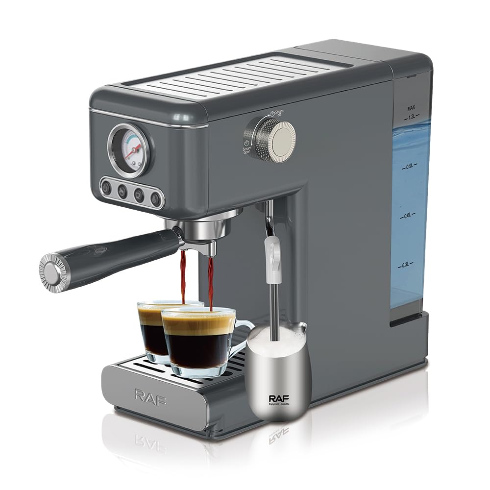 RAF Italian Espresso Coffee Machine – 1300W Semi-Automatic Maker with 1.2L Tank, Steam Wand Milk Frother, Dual Boiler Heating, Pressure Gauge & Easy-Clean Barista Design