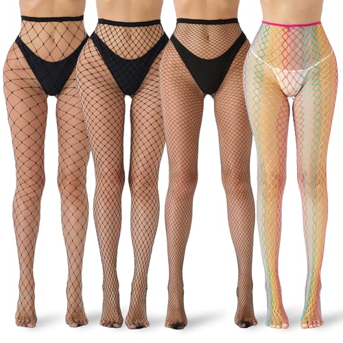 Tiger Wang Womens Fishnet Pantyhose 4-Pack 3 Black Mesh Sizes (Large Medium Small) + 1 Rainbow Color | Cute Stretchy Tights for Cosplay Sparkle Outfits Daily Wear