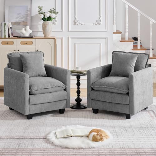 Image of Cloud 2 Pieces Sofa Set, Single Couch Set of 2 with Throw Pillow, Modern 1 Seater Reading Chair with Deep Seat, Accent Chairs for Living Room, Bedroom, Small Apartment, Light Grey