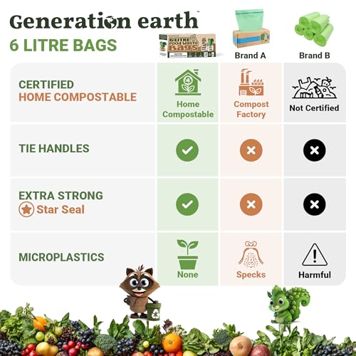 Generation earth | 120pcs - 6L Bags - Tie Handles - OK Compost HOME Certified - Food Waste - Extra Strong Kitchen Caddy Bin Liners