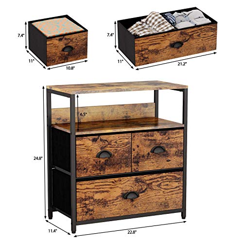 Furologee Nightstand With 3 Drawers, Small Dresser With Storage Shelf, Bedside Table/Closet Organizer, Rustic Fabric Linen Bins & Wooden Top For Bedroom, Hallway, Hotel (Rustic Brown) #TOP2