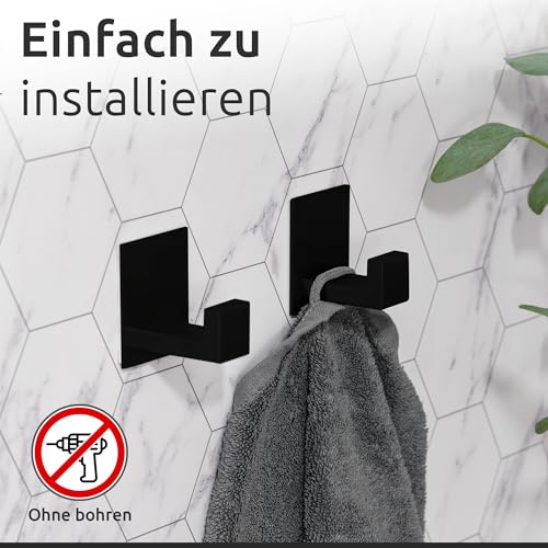 ECENCE 2x Handtuchhaken ohne Bohren selbstklebend Schwarz Handtuchhalter Edelstahl, Klebehaken, Garderobenhaken, Kleiderhaken zum kleben