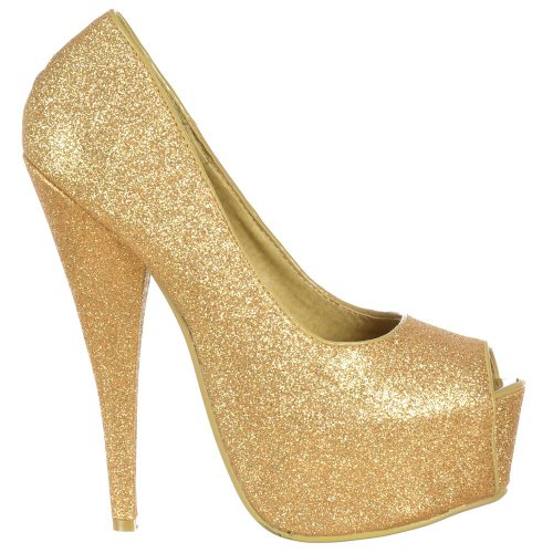 Chaussures de soirée pour femme or peep toe stiletto à plateforme