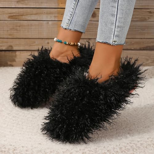 Unisex Fuzzy Faux Fur Slippers, Women's Fluffy Long Hair Sheep Faux Fur Slip on Slides, Girls Luxury Big Fluffy Outdoor Flat Slippers, Long Curly Hair Non-Slip Warm Home Slide Shoes2
