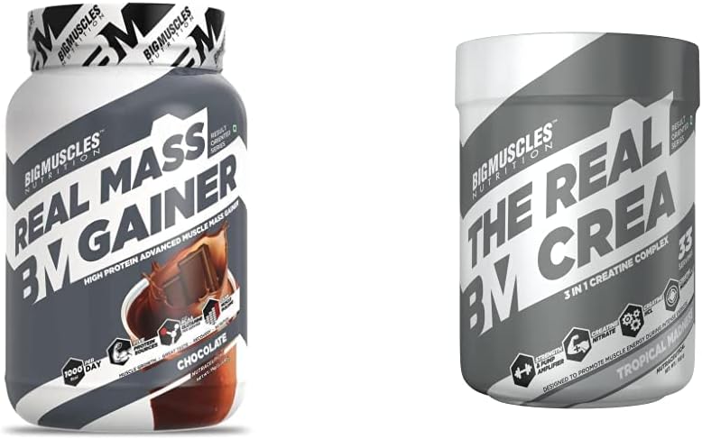 Bigmuscles Nutrition Real Mass Gainer [1Kg, Chocolate] with Free Real Crea 34 Servings Lean Whey Protein Muscle Mass Gainer, 1000 Calories & Bigmuscles Nutrition [50 Servings, 150g]