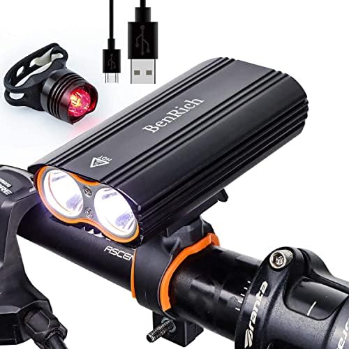 BenRich® 2400 Lumen Bike Light Set USB Rechargeable, Road Cycling Headlight Front and Back Bike Lights, Mountain Bicycle LED IP-65 Waterproof MTB Lights for Night Riding
