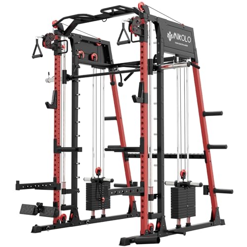 Mikolo M4 2.0 Elite Smith Machine, Multi-Function Squat Rack with LAT-Pull Down System & Cable Crossover Machine, Training Equipment with Leg Hold-Down Attachment, Red
