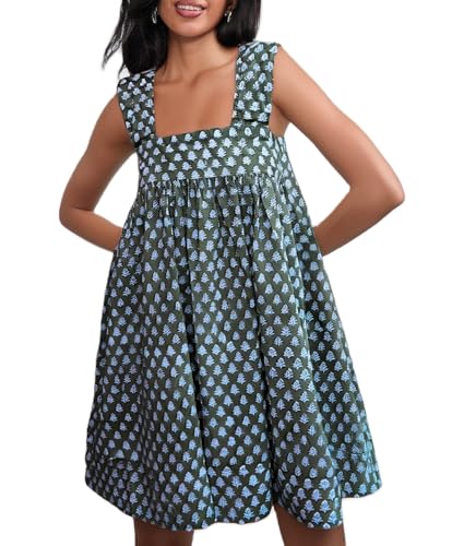 Image of Women Floral Tie Shoulder Mini Dress Cute Square Neck Loose Fit Beach Short Dress Backless Boho Vocation Sundress