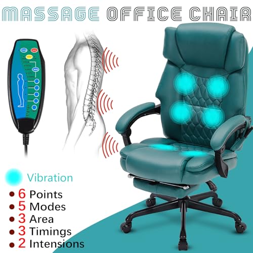 Image of Massage Office Chair with Foot Rest 6 Points Vibration and Heat Home Office Desk Chairs for Heavy People 400lbs Reclining Managerial Chairs Ergonomic Executive Chair (Teal Blue)