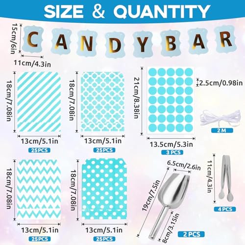 110stück Candy Bar Zubehör,Enthält 100 Candy Bar Tüten Und 4 Zuckerzangen Mit Runder Spitze, 2 Candybar Schaufel Und 3 Aufkleberbögen Sowie 1 Blauen Candy Bar Deko Girlande, Geeignet Für Partys (Blau)