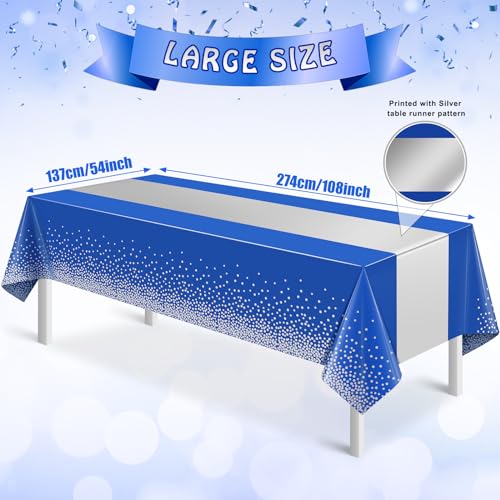 Image of 1Pcs Blue Silver Tablecloth Party Decorations,Plastic Royal Blue Table Cloth Printed Silver Table Runner Disposable Rectangle Tables Cover for Anniversary Wedding Graduation 2024 Party,54 x108 Inch
