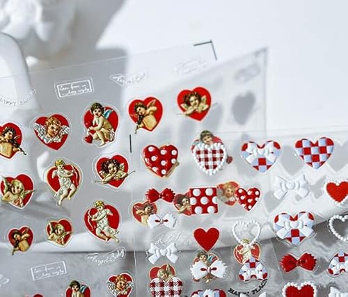 Valentines Day Nail Art Stickers Decal, 5D Stereoscopic Embossed Nail Stickers Red White Bow Love Heart Strawberry Red Heart Nail Sticker for Valentines Nail Decorations(4 Sheets)