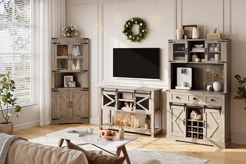72-Farmhouse-Bar-Cabinet-with-Sliding-Barn-Door-Tall-Kitchen-Buffet-with-Storage-Hutch-and-3-Drawer-Rustic-Coffee-Wine-Bar-Sideboard-with-Wine-Glasses-Rack-for-Living-Room-Washed-Grey 72 Farmhouse Bar Cabinet with Sliding Barn Door Tall Kitchen Buffet with Storage Hutch and 3 Drawer Rustic Coffee Wine Bar Sideboard with Wine Glasses Rack for Living Room Washed Grey