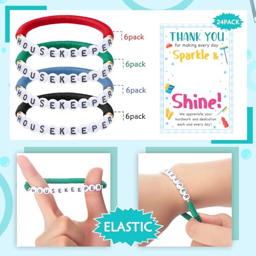 Quelay 24 Sets Housekeeping Appreciation Week Gifts Housekeeper Bracelets with Cards Bulk 2025 Colorful Polymer Clay Beaded Bracelets Thank You Staff Party Favors2
