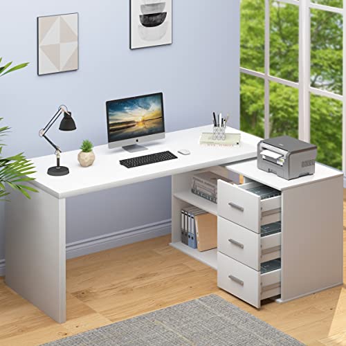 Hsh White L Shaped Desk With Drawers Shelves, 360 Rotating L Shape Computer Desk With Storage Cabinet, Corner Home Office Wood Desk For Executive Writing Work Study, Reversible Computer Table, 55 Inch #TOP6