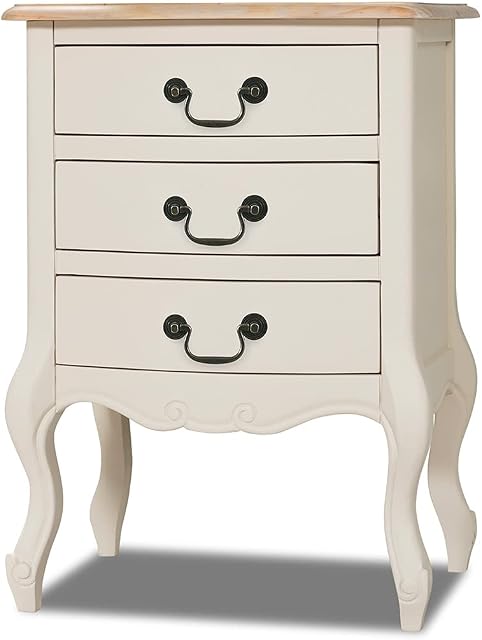 Juliette Shabby Chic Champagne 3 Drawer Bedside Table. French cream bedside cabinet with limed finish top. FULLY ASSEMBLED