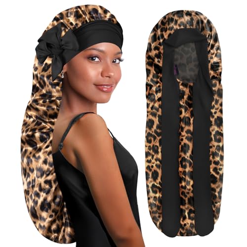 BONNET QUEEN Bonnet Satin Cheveux Nuit Long pour Dormir, Bonnet en Satin pour Cheveux Charlotte Locks Bouclés, Ajustable avec Long Elastique pour Femmes et Hommes, Léopard