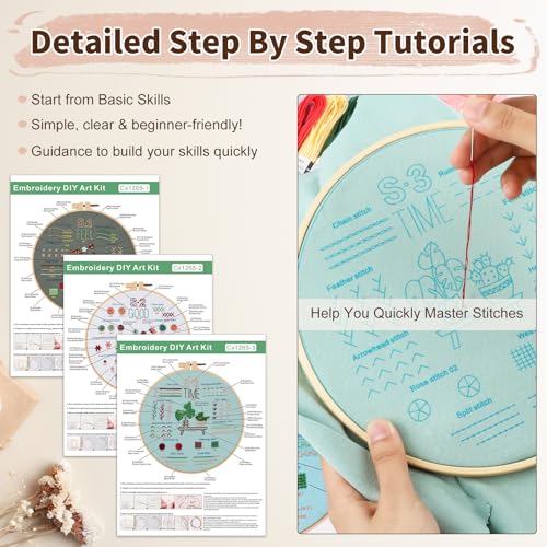 Image of KintKita Embroidery Kit for Adults Beginners, 3 Stages to Learn 31 Basic Embroidery Stitches Practice Cross Stitch Kits for Beginners with Embroidery Patterns, Hoop,Threads,Tools