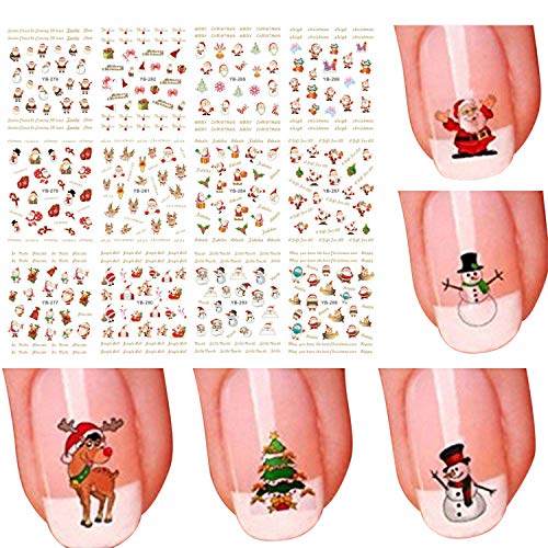 Boodtag 12 Pcs Selbstklebende Nagel Sticker Weihanachten Design mit Weihnachtsbaum Schneemann Rentier Geweih