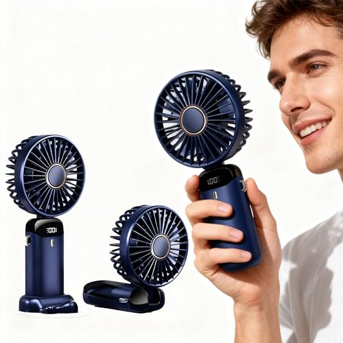 GoodTool Foldable Handheld Fan USB Fan with Digital Indicator Suitable for Students Offices Travel and Outdoor Use (Deep Sea Blue)