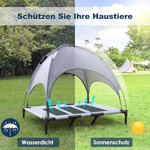UISEBER Hundebett Erhöhtes Haustierbett 122 x 92 x 102 cm Hundeliege Outdoor mit Überdach für große Hunde bis 60 kg Wasserdicht Hundebetten für Innen und Außen Grau +Schwarz【XL】