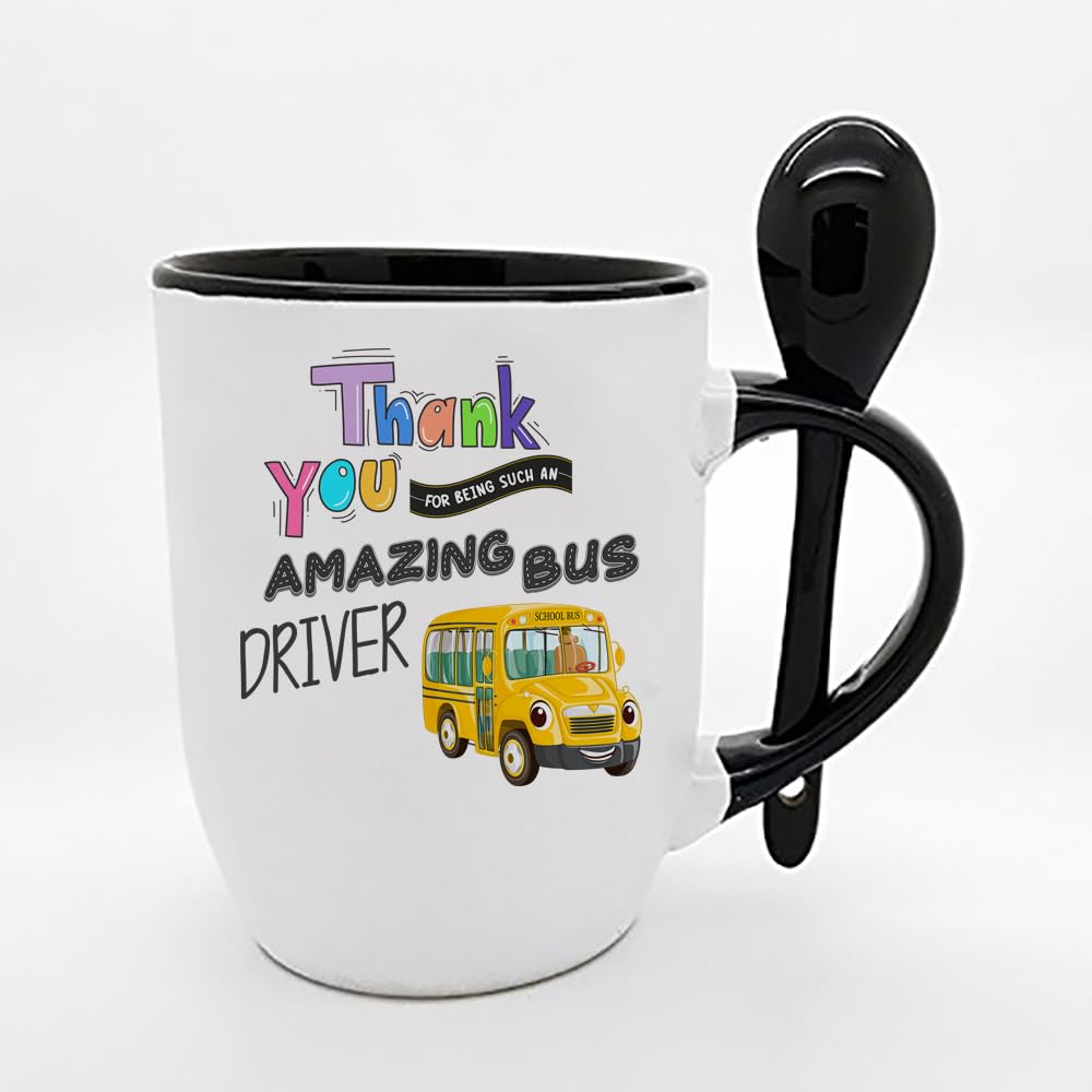 School Bus Driver Gift, Thank You for Being Such an Amazing Bus Driver, Appreciation Gift, Spoon Coffee, Tea Mug. (Black)