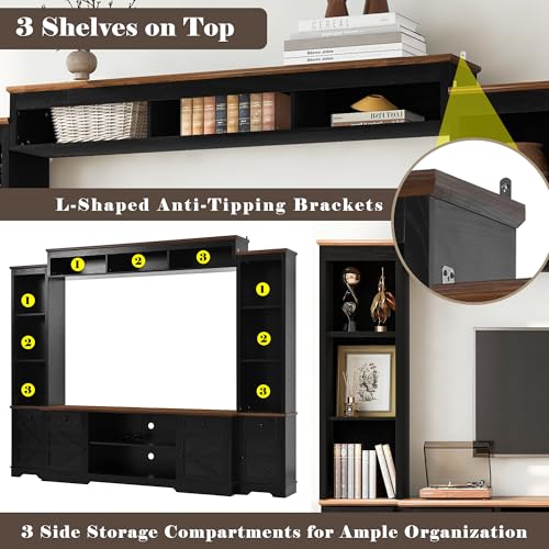 Image of 98.8 inch W Wall Unit Entertainment Center with Bookshelves and Power Outlets for TVs up to 80 inch, Wood TV Stand Media Console with Cabinets Drawers Doors and Adjustable Shelves for Living Room Black+Brown