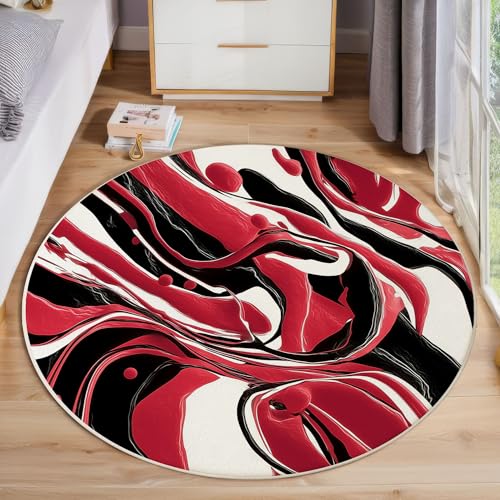 Tapis salon rond tourbillon rouge noir abstrait grand format - 2