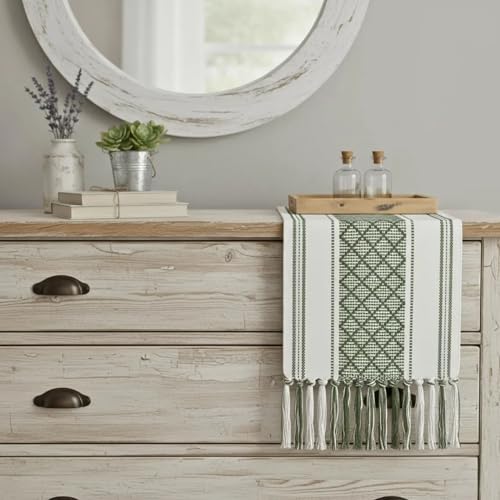 Image of Curated Cart Boho Table Runner 13x70 Inch with Tassels - Cotton Table Runner for 6 Seater Dining Table, Centre Table Runner for Living Room, Farmhouse Dining Table Decor (Green)