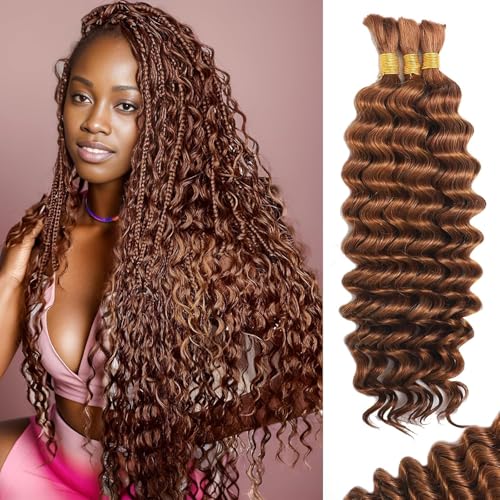 Human Braiding Hair for Boho Braids Human Hair 110g 18 Inch Curly Boho Hair for Braiding Knotless 12A Deep Wave Bohemian 3 Bundles/Pack Auburn Ginger