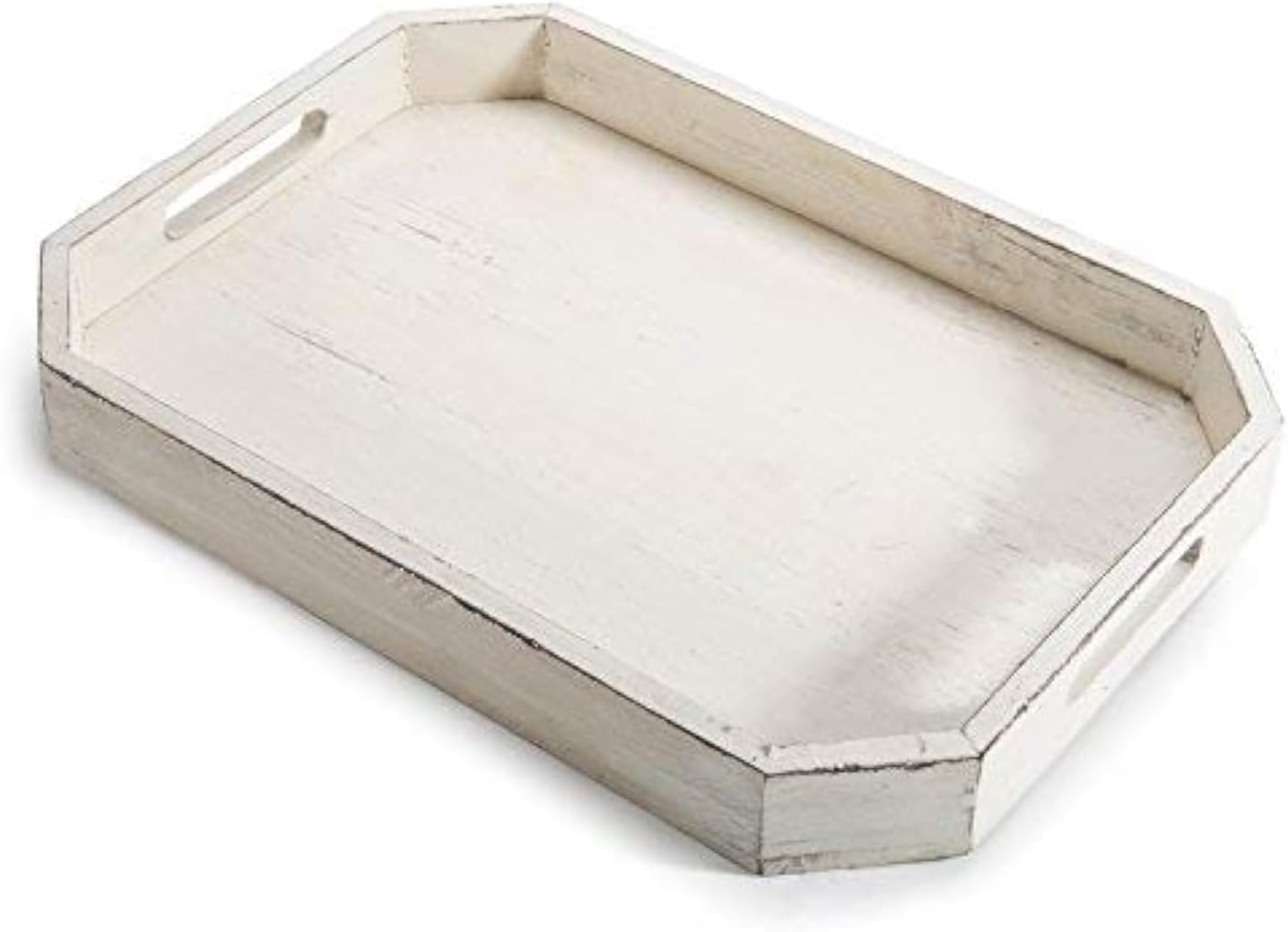 MyGift Whitewashed Wood Serving Tray with Handles and Angles Edges, Farmhouse Coffee Table Decorative Tray
