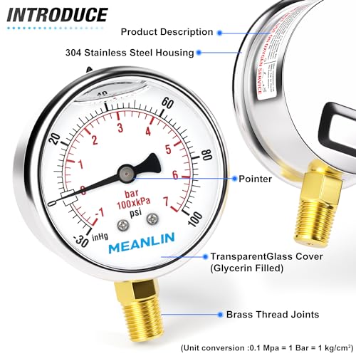 Image of MEANLIN MEASURE -30inHG~100Psi Stainless Steel 1 /4 inch NPT 2.5 inch FACE DIAL Vacuum Pressure Gauge, Lower Mount, with 1 /2 inch NPT and 3 /8 inch NPT Hex Bushing