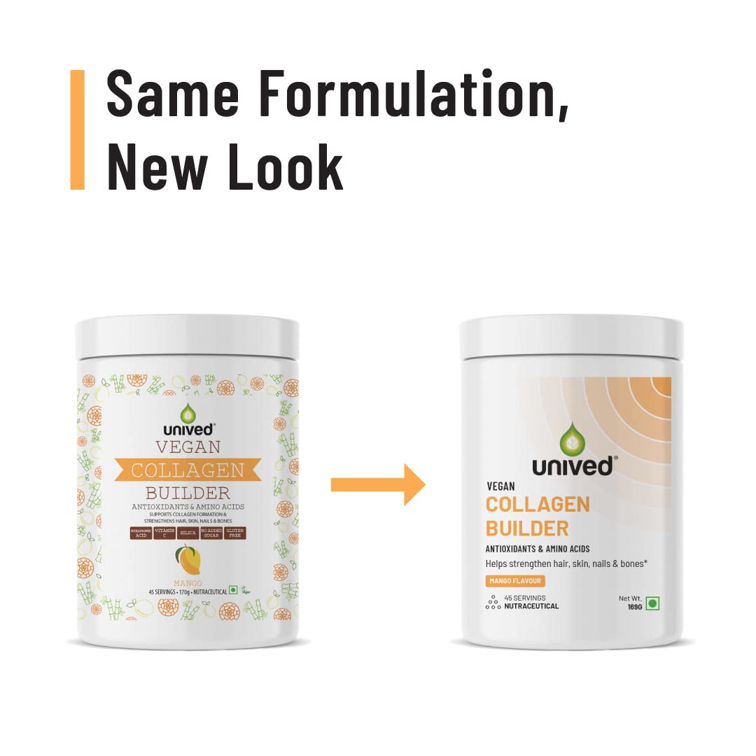 Unived Vegan Collagen Builder,Research Based Formulation For Collagen Synthesis, Hydration, & Protection,For Men & Women, Skin, Hair, Bones, & Tissue, Strength & Health (Mango, 45 Servings) - Powder Unived Vegan Collagen Builder,Research Based Formulation For Collagen Synthesis, Hydration, & Protection,For Men & Women, Skin, Hair, Bones, & Tissue, Strength & Health (Mango, 45 Servings) - Powder