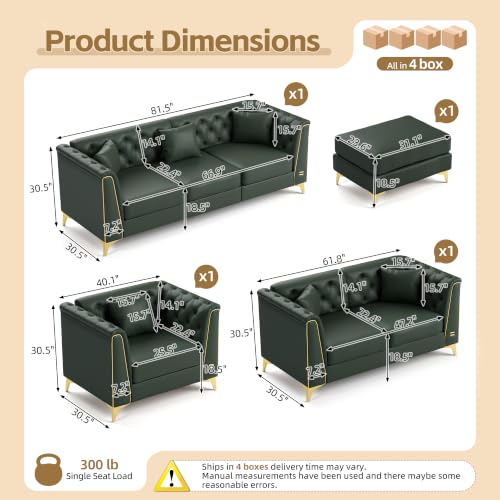 Image of KEIKI 3-Piece Chesterfield Sofa Set with Handmade Button Tufted, Green