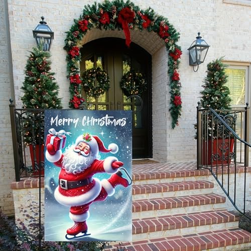 Image of BlissYard Christmas Garden Flag 12x18 Inch Santa Claus Snow Yard Decor | Double sided polyester, Santa Claus snow scene design, classic seasonal decor for Christmas porch and yard