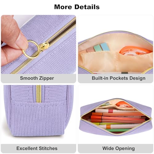 Image of FINPAC Pencil Case, Corduroy Aesthetic Makeup Bag, Cute Kawaii Pen Bag Pouch Holder Box Organize for Study, Office, or Travel (Purple)