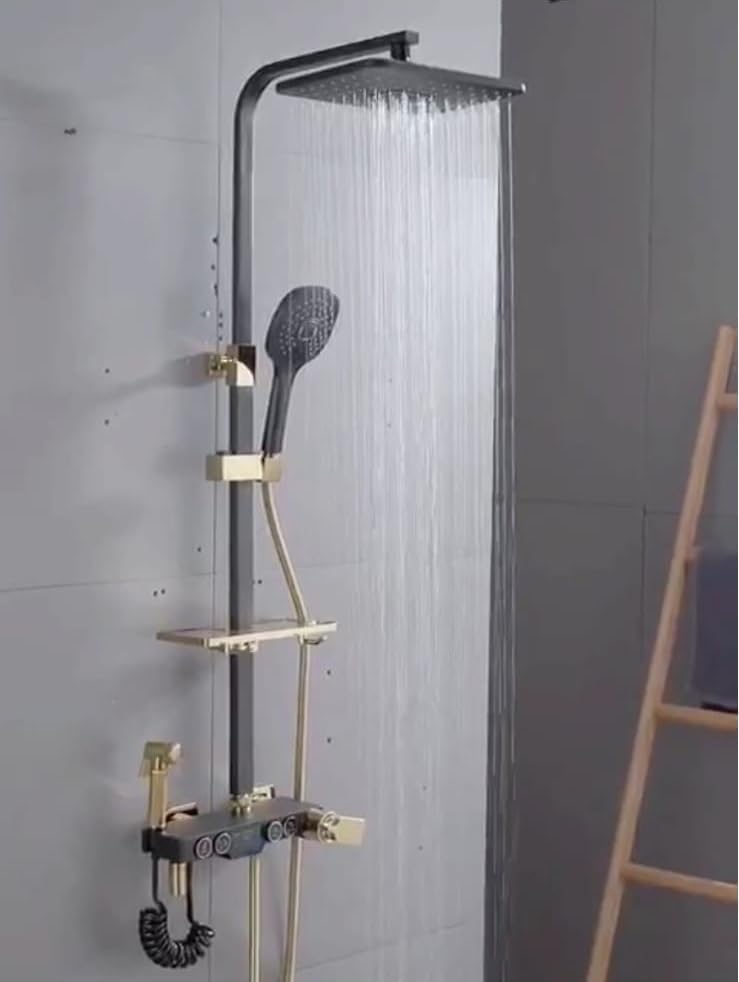 BHM 3 in 1 Shower Set Wall Single Lever Hot & Cold Shower Panel, Hand shower + overhead Shower + Health Faucet - For Bathrooms (BLACK)