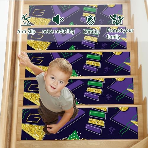 Alfombra para escaleras de 76x20 cm antideslizante con diseño geométrico color verde y morado 4