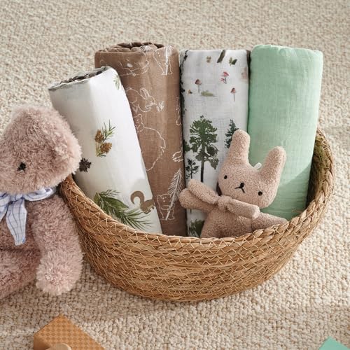 Image of david's kids 4 Pack Baby Muslin Swaddle Blankets, 100% Cotton and Ultra Soft Breathable Receiving Blanket Wrap for Boys Girls, New Born Essentials, Large 47 x 47 inches, Woodland Animals /Green