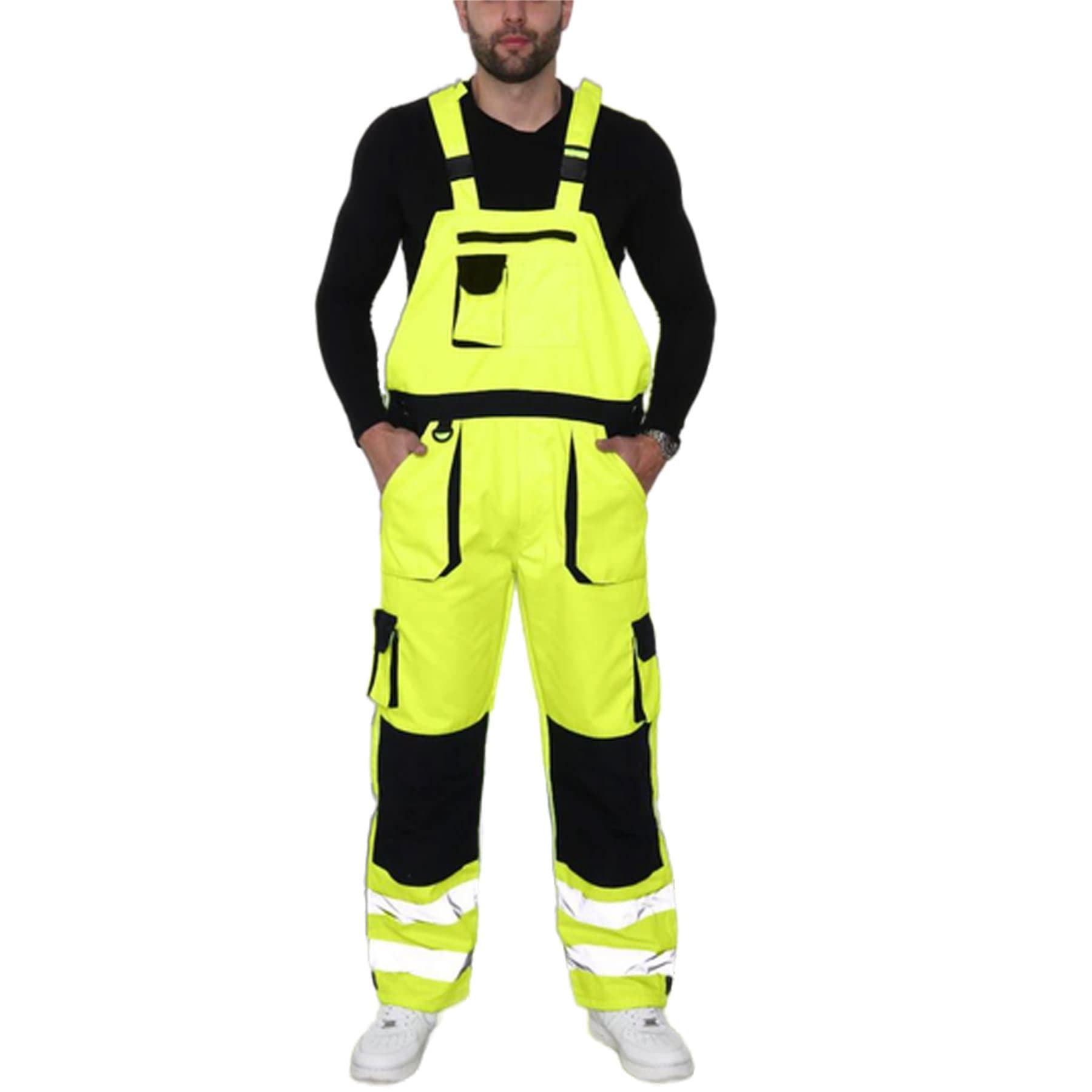 KATCH Mens Hi Vis Contrast Bib & Brace Work Wear Dungarees Work Dungarees For Men UK High Visibility Ulined Overall Safety Hi Viz Dungarees-Yellow-2XL