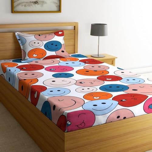 Image of NHD HOME Premium Glace Cotton 220 TC Flat Single Bedsheets Breathable | Wrinklefree (Size-60 X 90 Inch) with 1 King Size Pillow Covers (Size-17 X 27 Inches, Cartoon, Red & White)