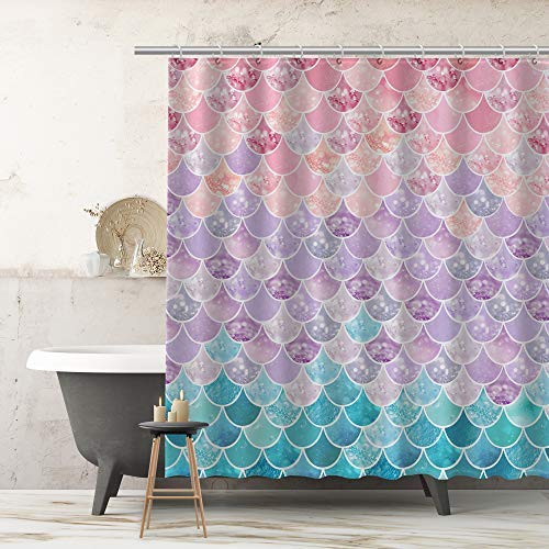 Rosielily Mermaid Scale Shower Curtain, Mermaid Shower Curtain, Ocean Themed Shower Curtain, Pink And Blue Shower Curtain, Fantasy Girls Bathroom Decor With 12 Hooks, 72''W X 72''H #TOP1