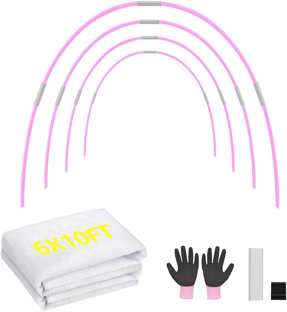 Garden Hoops with Mesh Netting, Sunwuk Pink Greenhouse Hoops for 2.5-5.5ft Wide Raised Beds, Small Garden Tunnel Hoops for Row Cover, 15 Sets of 5.6ft Long Fiberglass Support Hoops Frame, 60pcs M Size